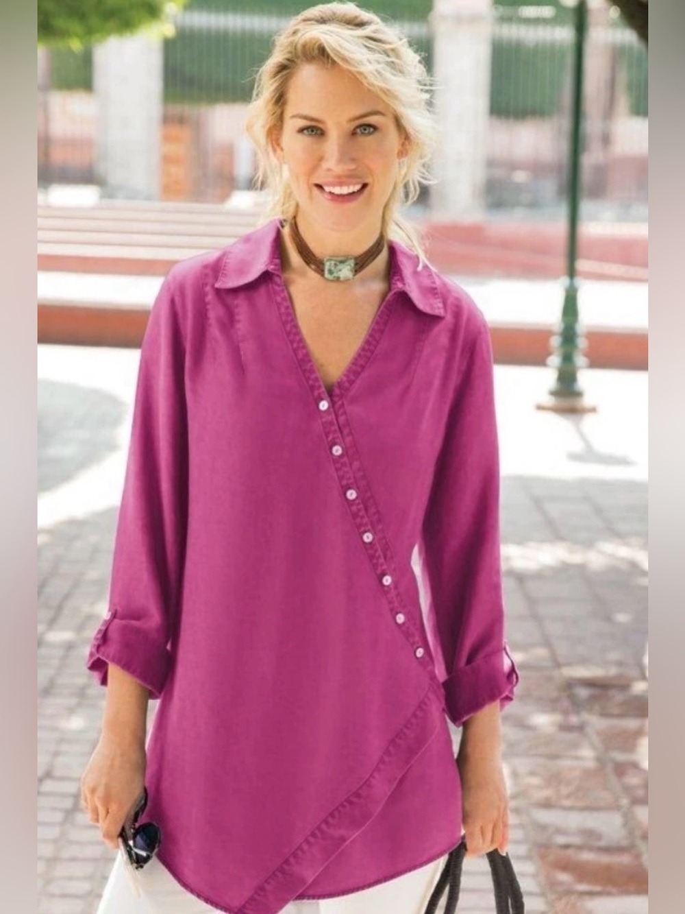 Soft Surroundings Asymmetrical Full Wrap Button Front Tunic Top